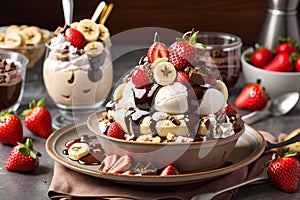 Sweet Homemade Banana Split Sundae with Chocolate Vanilla Strawberry Ice Cream