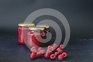 Sweet homemade raspberry jam jars