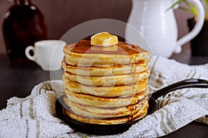 Sweet Homemade Stack of Pancakes with Butter and Syrup for Breakfast