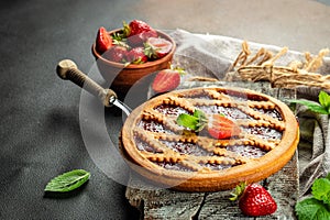 Sweet homemade Strawberry Pie, crostata strawberry pie, Food recipe background. Close up