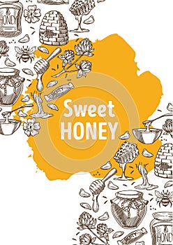 Sweet honey banner with hand drawn illustrations and yellow stain