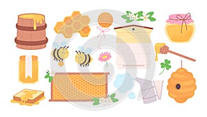 Sweet honey flat elements. Beekeeping and cute cartoon bees. Cartoon honeycombs and hive, jar and wooden barrel. Racy