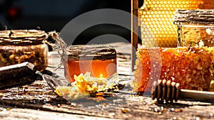 Sweet honey, pieces of combs and honey dipper. Honey dripping from honey dipper. Honey, Honeycomb, Honey Bee. Beekeeping concept.