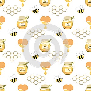 Sweet honey seamless pattern Honey jar heart, bee, honeycomb background Cute hand drawn design vector