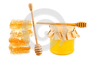 Sweet honeycomb, Honey pot and wooden dipper isolated on white . Collage