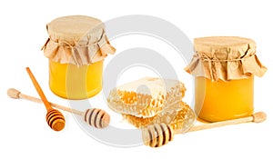 Sweet honeycomb, Honey pots and wooden dipper isolated on white . Collage