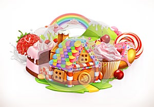 Sweet house. Confectionery and desserts, 3d vector illustration