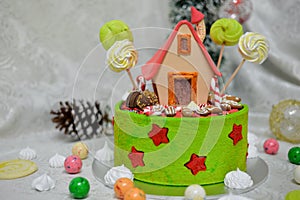 The sweet house of the fairy tale Hansel and Gretel cake