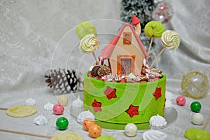 The sweet house of the fairy tale Hansel and Gretel cake