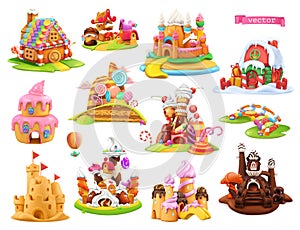 Sweet houses and castles. 3d vector cartoon objects