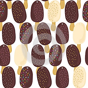 Sweet ice cream dark and white chocolate regular rows summer seamless pattern on white