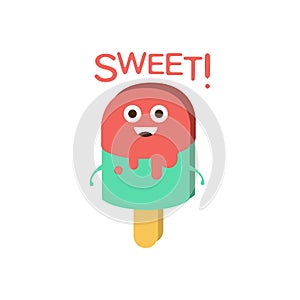 Sweet And Ice-Cream, Word And Corresponding Illustration, Cartoon Character Emoji With Eyes Illustrating The Text