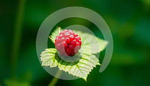 Single Red Raspberry on Leaf