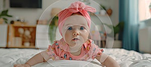 Sweet infant girl lying on white bed with soft blurred background, adorable and cute