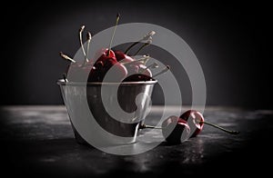 Sweet juicy cherries in metal pail on a table in front of dark background.