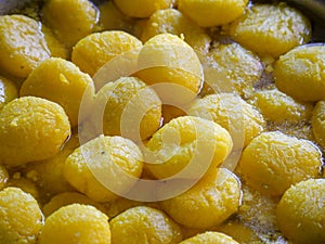 Sweet kesar bati also known as yellow rasgulla chamcham ready to be served