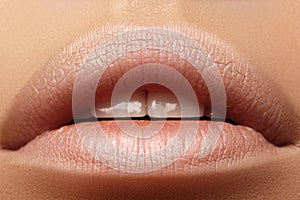 Sweet kiss. Perfect natural lip makeup. Close up macro photo with beautiful female mouth. Plump full lips photo