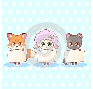 Sweet Kitty Little cute kawaii anime cartoon sad sorry cry tear fox, cat, kitten, lamb girl in dress character holding a sign with