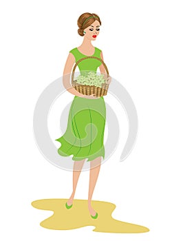 A sweet lady is carrying a basket of grapes. Ripe and sweet white berries. The girl is young, slim and beautiful. Vector