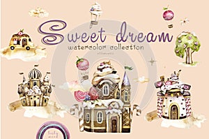 Sweet land watercolor illustration, wonderland. Cartoon fantasy candy houses and fairy tale sweet castles. Chocolate