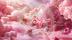 sweet landscape of ice cream and berries on pink sky background with clouds