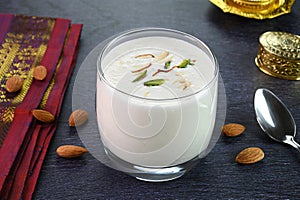 Sweet lassi served in a glass cup