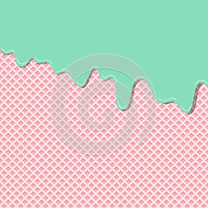 Sweet lemon mint cream flavor ice cream texture layer melted on strawberry wafer texture background pattern wallpaper.