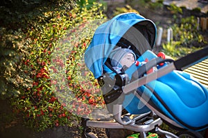 Sweet little baby boy sleeping in stroller in autumn park .