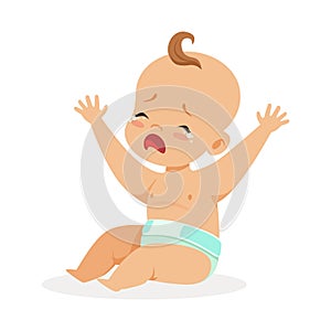 Sweet little baby in a diaper sitting with his hands raised and crying, colorful cartoon character vector Illustration