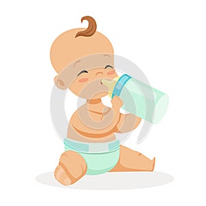 Sweet little baby sitting and drinking milk in a plastic bottle, colorful cartoon character vector Illustration