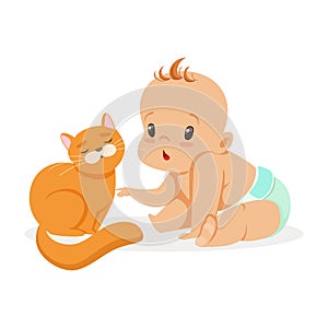 Sweet little baby sitting and playing with red cat, colorful cartoon character vector Illustration