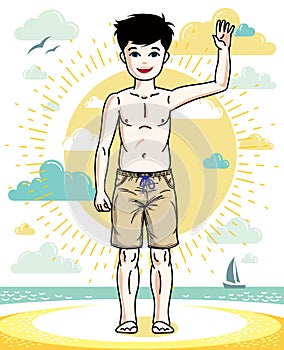 Sweet little boy young teen standing wearing fashionable beach s