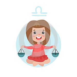 Sweet little girl as Libra astrological sign, horoscope zodiac character colorful cartoon Illustration