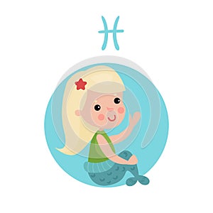 Sweet little girl as Pisces astrological sign, horoscope zodiac character colorful cartoon Illustration