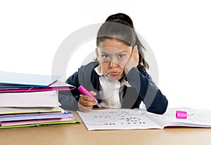 Sweet little girl bored under stress upset and moody with a tired face expression