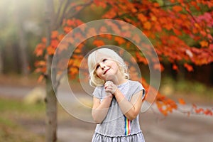 Sweet Little Girl Child Standing Under Maple Tree Praying