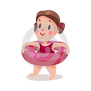 Sweet little girl with inflatable pink buoy, kid ready to swim colorful character Illustration