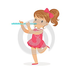 Sweet little girl playing flute, young musician with toy musical instrument, musical education for kids cartoon vector