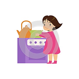 Sweet little girl playing with toy kitchen oven vector Illustration on a white background