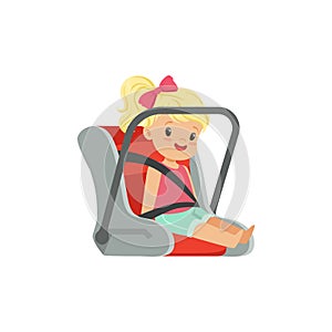 Sweet little girl sitting in car seat, safety car transportation of small kids vector illustration