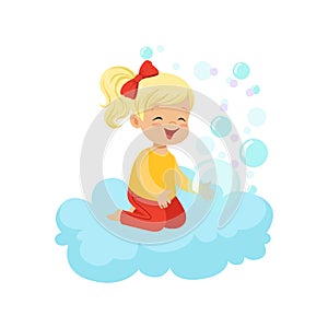 Sweet little girl sitting on cloud playing with soap bubbles, kids imagination and dreams vector illustration