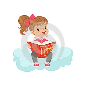 Sweet little girl sitting on cloud reading a book, kids imagination and dreams vector illustration