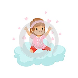 Sweet little girl sitting on cloud surrounded by pink hearts, kids imagination and dreams vector illustration