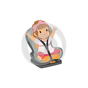 Sweet little girl sitting in grey car seat, safety car transportation of small kids vector illustration