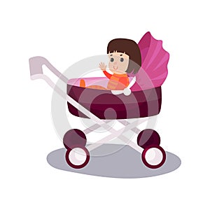 Sweet little girl sitting in a purple modern baby stroller, transporting of small children with comfort cartoon vector