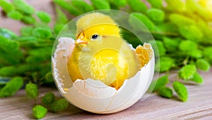 Sweet little nestling sitting in a smashed egg