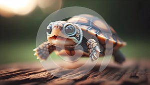 A sweet little turtle is jumping forward in a forest