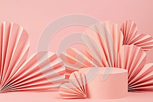 Sweet love abstract stage mockup in chinese style with circle podium, pink paper hearts on pastel pink color, copy space. Gentle.