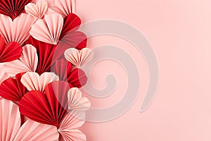 Sweet love background for wedding or Valentine day with heap many gentle pink and red paper hearts on pink backdrop, sideways.