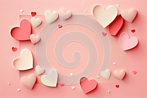 Sweet love banner for website for wedding or Valentine day with gentle pink and red paper hearts flying on pink background